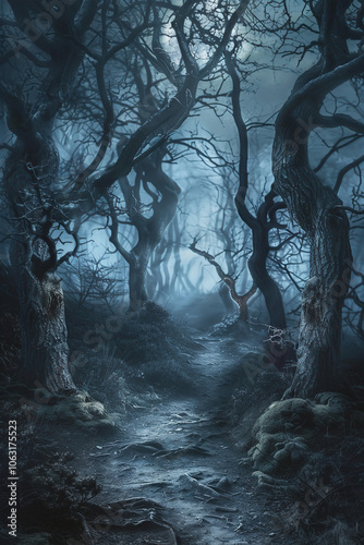 A spooky forest path lit by the light of the full moon.