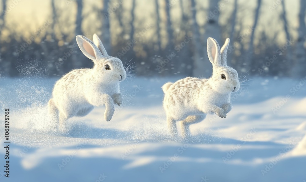 Obraz premium Two white rabbits running through snow.