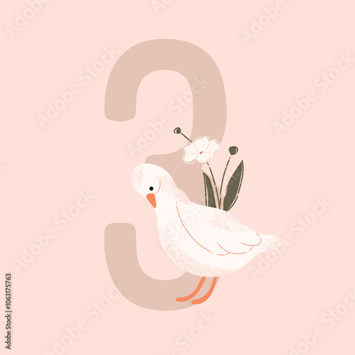 Birthday number three with cute goose and flowers. Hand-drawn vector illustration.