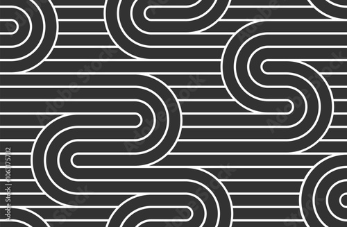 Seamless pattern with twisted lines, vector linear tiling background, stripy weaving, optical maze, twisted stripes. Black and white design.