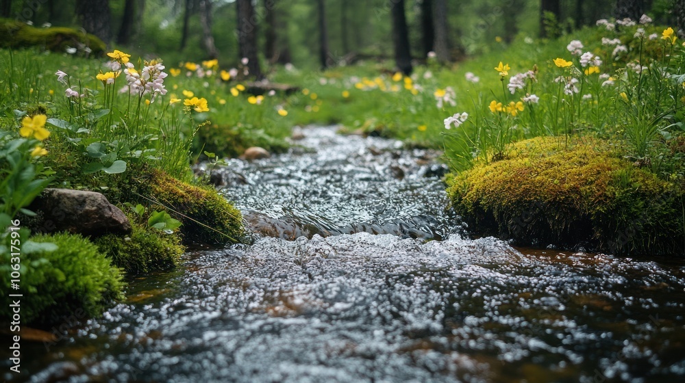 A quiet stream flowing through a forest with new spring growth, blooming flowers, and soft moss on the rocks A quiet stream flowing through a forest with new spring growth, blooming flowers, and soft moss on the rocks