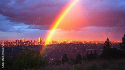 A rainbow arches over a city skyline as the sun sets, casting golden light across the horizon photo