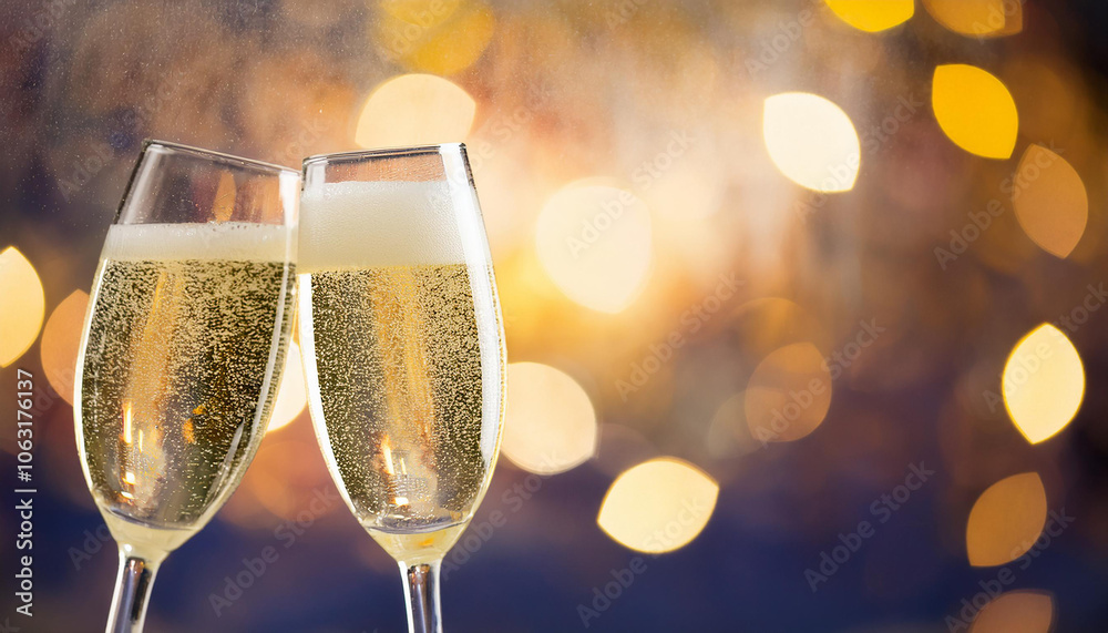 Two glasses of champagne on abstract background with bokeh light. Festive drink. Holiday celebration Two glasses of champagne on abstract background with bokeh light. Festive drink. Holiday celebration