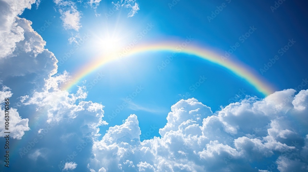 A rainbow shines across a bright blue sky, surrounded by white clouds on a clear day. A rainbow shines across a bright blue sky, surrounded by white clouds on a clear day.