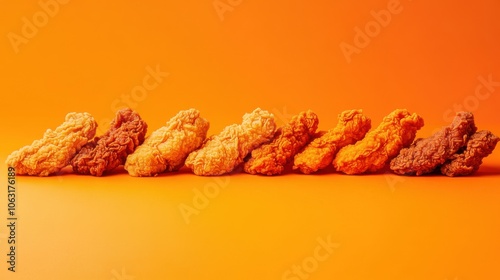 An array of Popeyes chicken strips lined up in a perfect row, photo