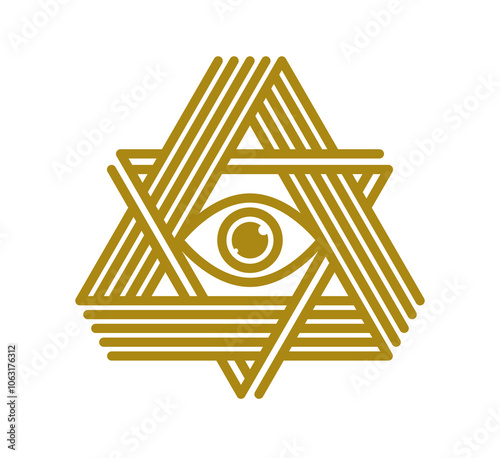 All seeing eye in triangle pyramid vector ancient symbol in modern linear style isolated on white, eye of god, masonic sign, secret knowledge illuminati.