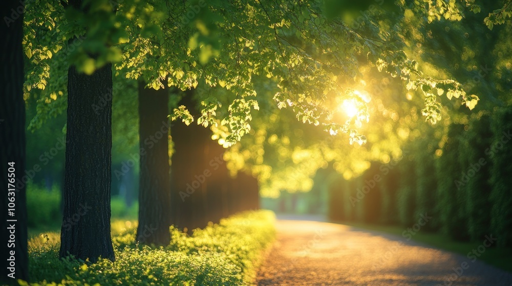 Obraz premium A row of trees with fresh green leaves lining a park path, sunlight filtering through the spring foliage