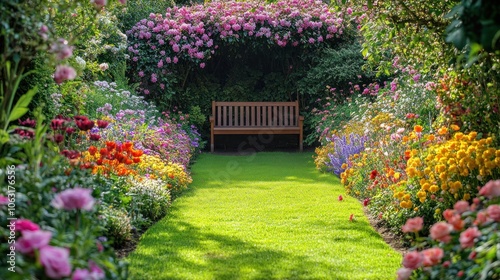 Fototapeta Naklejka Na Ścianę i Meble -  A secluded garden filled with spring flowers in full bloom, with a wooden bench nestled under flowering trees