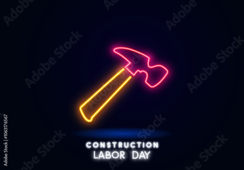 hammer sign. Cyan neon icon in the dark. Bluring. Vector illustration for design. Repair tool glowing sign. Construction tools concept.