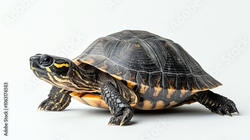 A small turtle with a black and yellow shell on a white background.