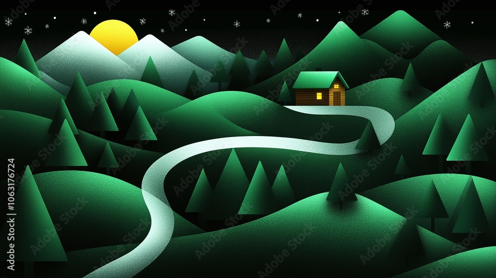 Obraz premium Snowy Landscape with Winding Path and Cabin