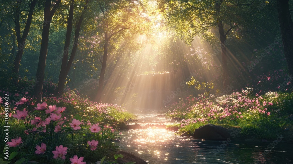 A secluded spring forest with a crystal-clear stream, blooming flowers, and shafts of light breaking through the canopy, creating a mystical atmosphere A secluded spring forest with a crystal-clear stream, blooming flowers, and shafts of light breaking through the canopy, creating a mystical atmosphere