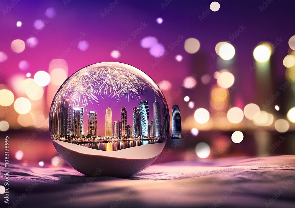 image of a sand globe with qatar doha skyline inside, fireworks in the background, magical effect, realistic style, futuristic background, festive style, new year celebration,generative ai