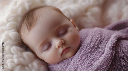 A newborn baby sleeping soundly, swaddled in a purple blanket.