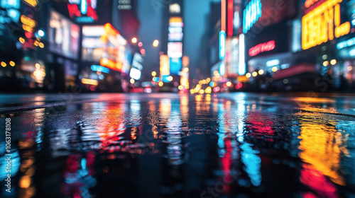 Vibrant city street at night with wet pavement reflecting colorful neon lights and blurred urban buildings in the background.