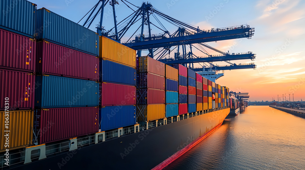 Naklejka premium Stacked Shipping Containers and Cargo Ship at Sunset in Industrial Port