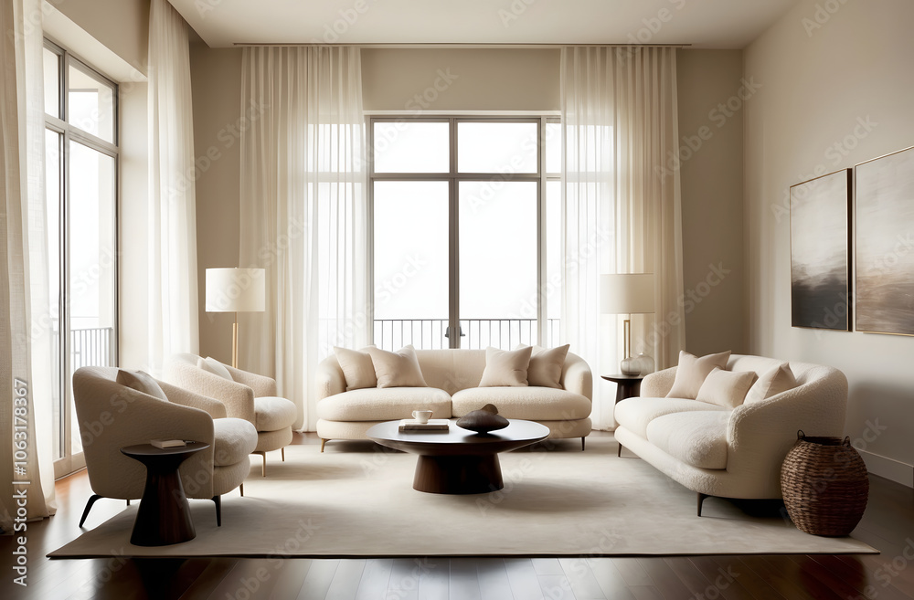 Modern luxurious living room interior with stylish boucle furniture and boucle sofa and large window Modern luxurious living room interior with stylish boucle furniture and boucle sofa and large window