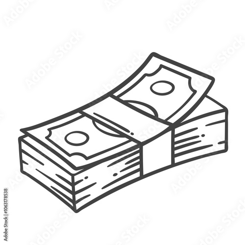 Paper money wad line icon. Outline hand drawn banknotes stack, pile of currency for rich millionaire. Financial success, prize or jackpot mascot, cash money from bank icon vector illustration