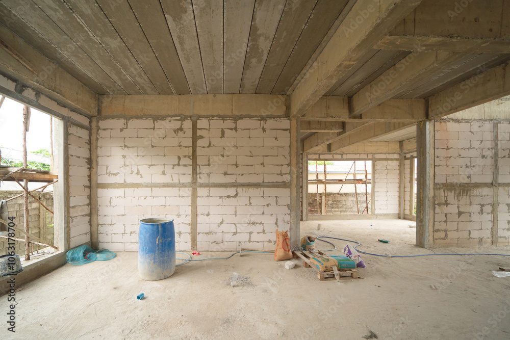 Under construction home or house with scaffolding on site in village. Old unfurnished rental property, living space units. lifestyle. Renovation. Under construction home or house with scaffolding on site in village. Old unfurnished rental property, living space units. lifestyle. Renovation.