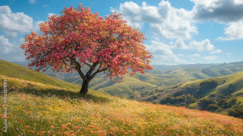 A single tree with colorful blossoms blooming against a backdrop of rolling hills and blue sky A single tree with colorful blossoms blooming against a backdrop of rolling hills and blue sky