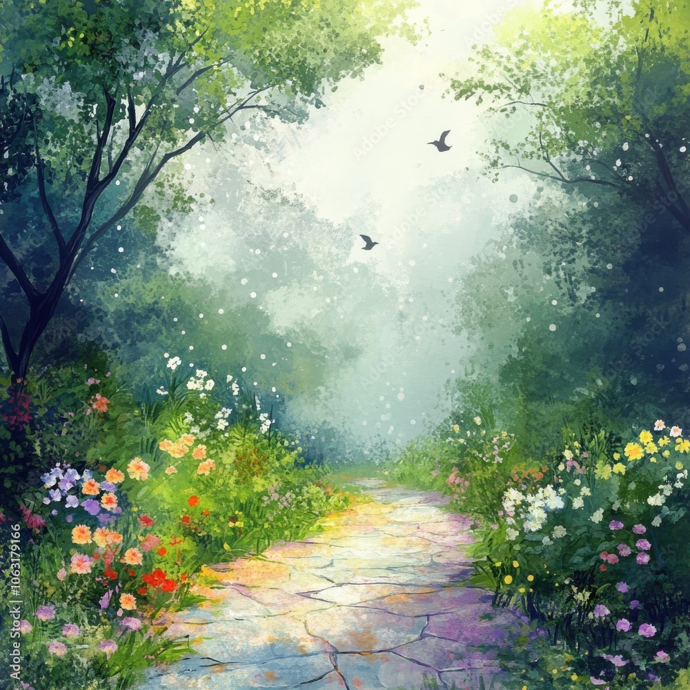 Fototapeta premium Serene forest path with flowers and trees, illuminated by soft light.