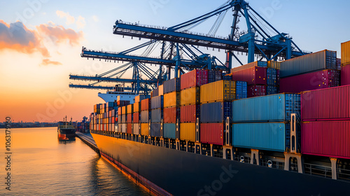 Stacked Shipping Containers and Cargo Ship at Sunset in Industrial Port