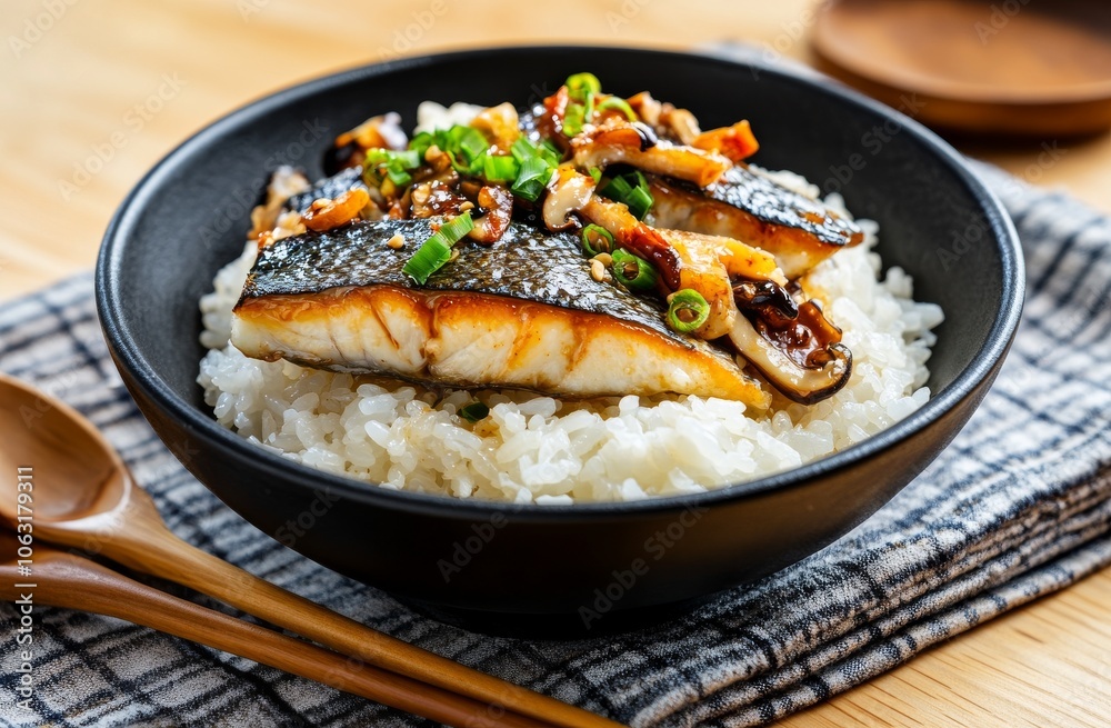 Delicious grilled fish served on a bed of fluffy white rice with tasty garnishes Delicious grilled fish served on a bed of fluffy white rice with tasty garnishes