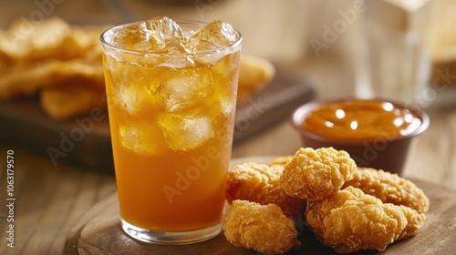 An iced green tea served with Popeyes chicken nuggets photo