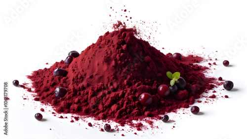 Açaí Berry Powder forming a small mound on a white flat surface, isolated on a neutral background