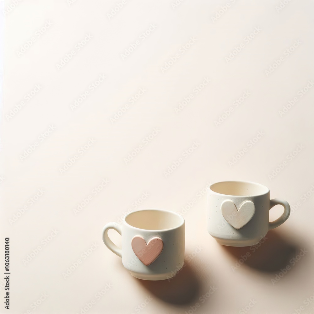 A pair of minimalist cups with drawn hearts on a light background for Valentine's Day, love, place for text above the cups. A pair of minimalist cups with drawn hearts on a light background for Valentine's Day, love, place for text above the cups.