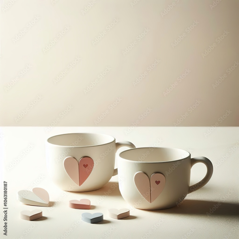 A pair of minimalist cups with drawn hearts on a light background for Valentine's Day, love, place for text above the cups. A pair of minimalist cups with drawn hearts on a light background for Valentine's Day, love, place for text above the cups.