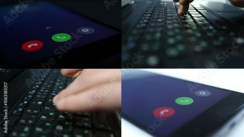 A set of 4 videos, fingers typing and phone ringing