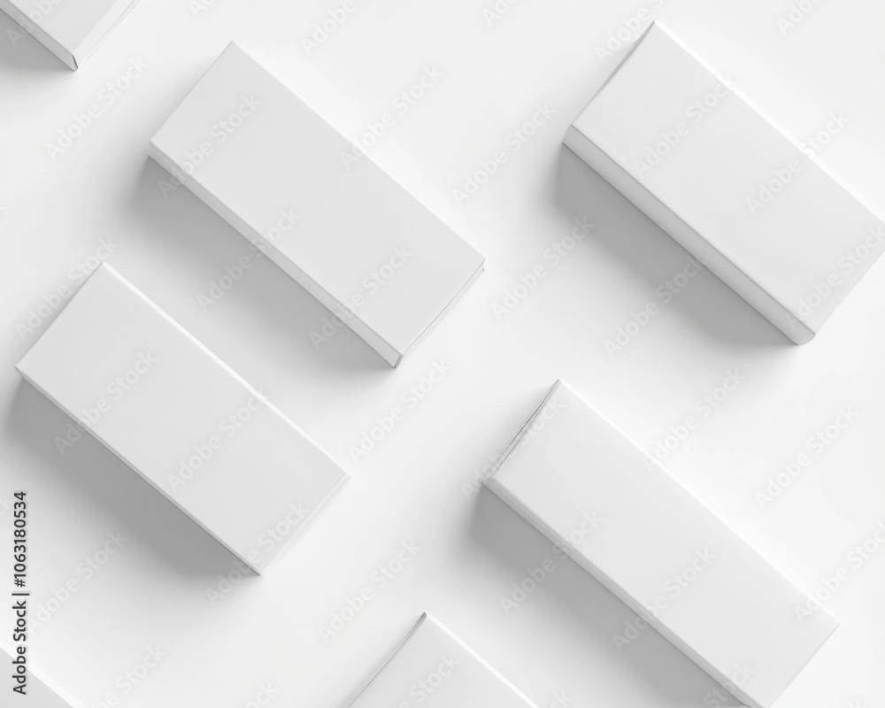White packaging with small boxes displayed together, showcasing minimalist design and product presentation White packaging with small boxes displayed together, showcasing minimalist design and product presentation