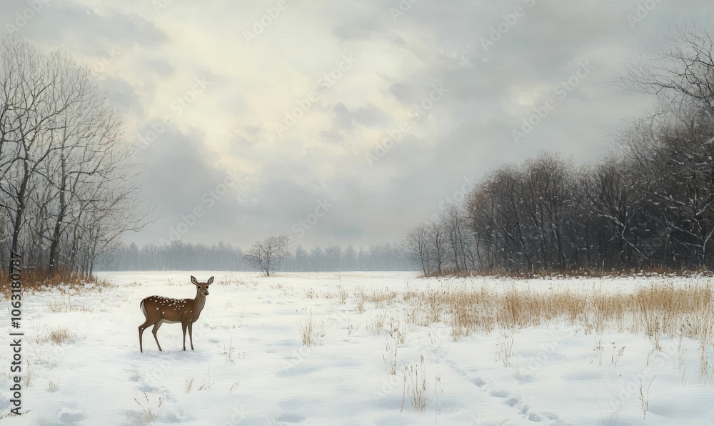 A lone deer stands in a snow-covered field.