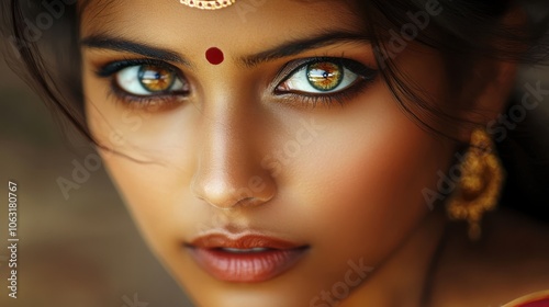 An Indian woman with strikingly beautiful eyes, her gaze