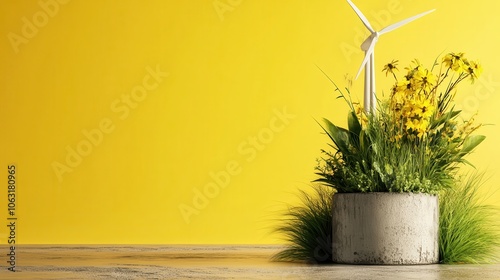 A vibrant yellow scene featuring a concrete pot filled with lush, flowering greens and a windmill, idealizing the coexistence of nature and technological advancement. photo