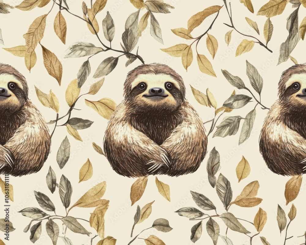 Naklejka premium Illustration of a sloth resting among green plants, symbolizing relaxation and slow living