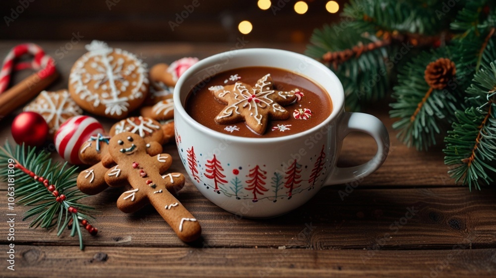 Christmas Hot Chocolate Mug, Gingerbread Cookies, Candy Cane, Cinnamon Sticks, Pinecone, Gifts and Tree Branches Christmas Hot Chocolate Mug, Gingerbread Cookies, Candy Cane, Cinnamon Sticks, Pinecone, Gifts and Tree Branches