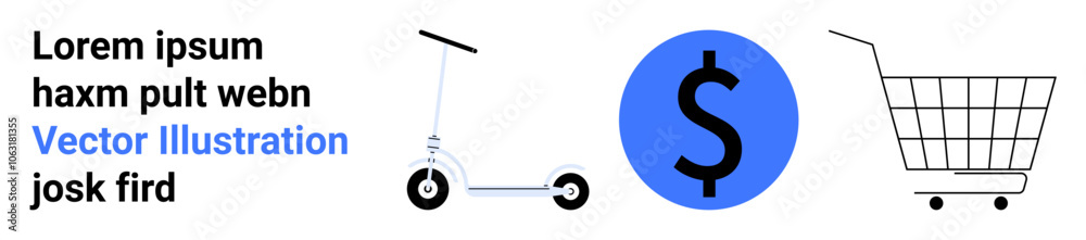 E-scooter, blue dollar symbol, shopping cart on neutral backdrop. Ideal for e-commerce, finance, mobility, digital shopping, retail marketing, startup promotions, transportation themes. Banner E-scooter, blue dollar symbol, shopping cart on neutral backdrop. Ideal for e-commerce, finance, mobility, digital shopping, retail marketing, startup promotions, transportation themes. Banner
