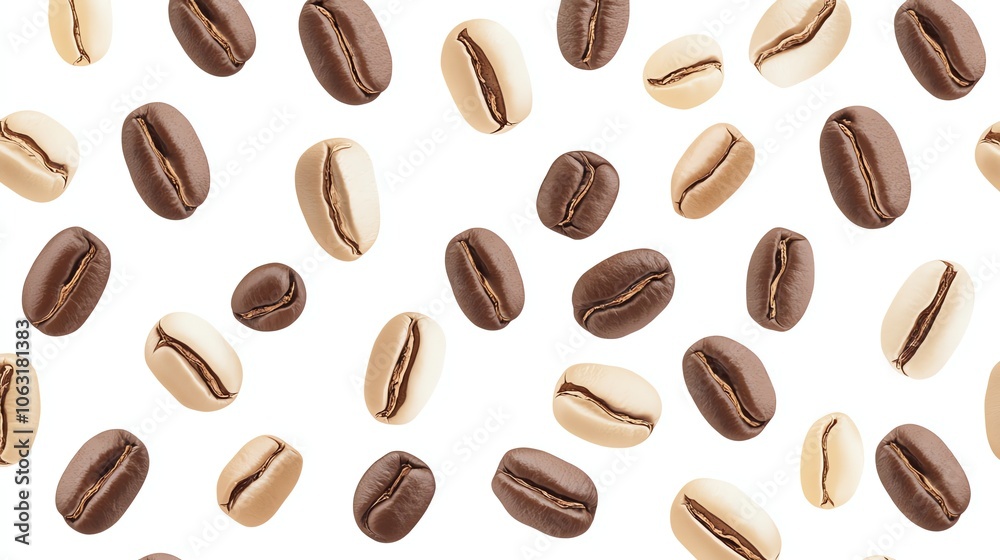 A seamless pattern of coffee beans in various shades of brown against a white background. A seamless pattern of coffee beans in various shades of brown against a white background.