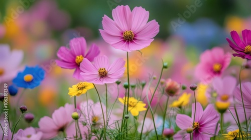 A tranquil meadow of wildflowers in bloom, with delicate pink, purple, and yellow flowers standing tall in the fresh spring air