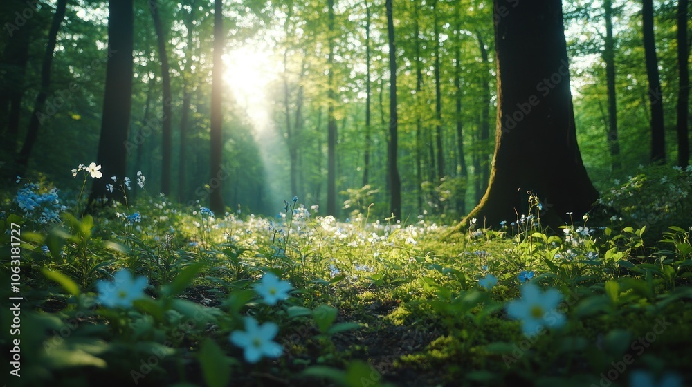 Obraz premium A tranquil spring forest with fresh green leaves and wildflowers blooming along the forest floor