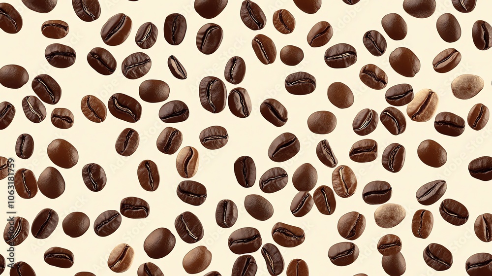 A seamless pattern of coffee beans in various shades of brown against a white background. A seamless pattern of coffee beans in various shades of brown against a white background.