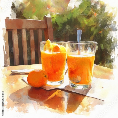 Two refreshing orange drinks with a fresh orange on a wooden table. photo