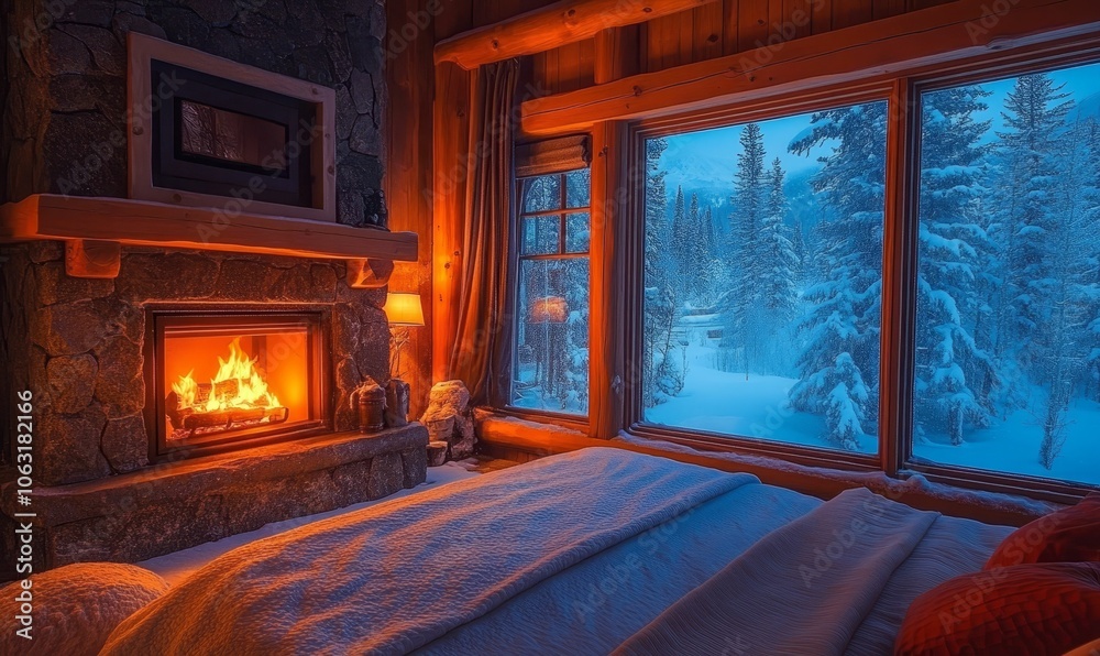 Cozy cabin with fireplace and snowy view. Cozy cabin with fireplace and snowy view.