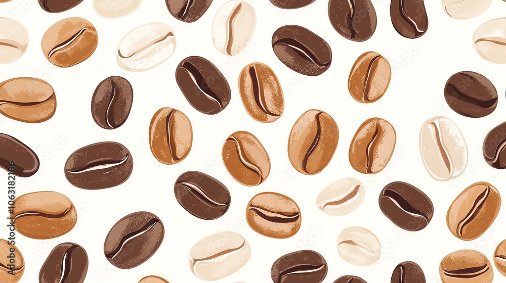 A seamless pattern of coffee beans in various shades of brown against a white background. A seamless pattern of coffee beans in various shades of brown against a white background.
