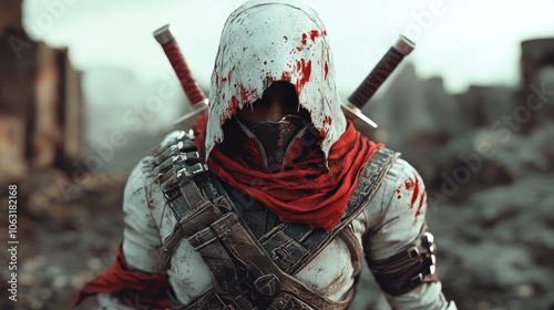 A rogue in a bloodied red cloak stands amid a ruined landscape, evoking themes of past conflict and survival, poised with determination and courage. photo