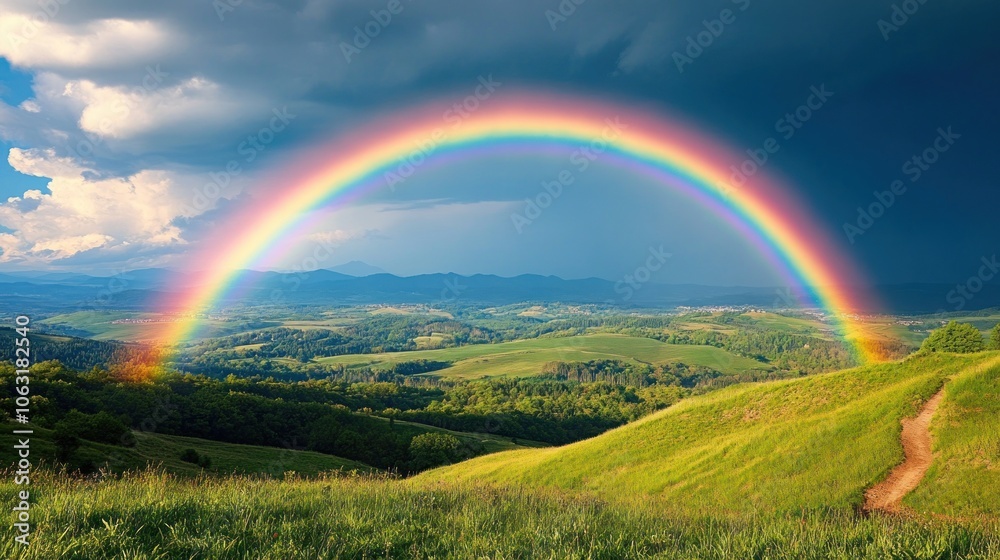 A vibrant rainbow arches across a dramatic sky over a serene landscape with rolling hills A vibrant rainbow arches across a dramatic sky over a serene landscape with rolling hills