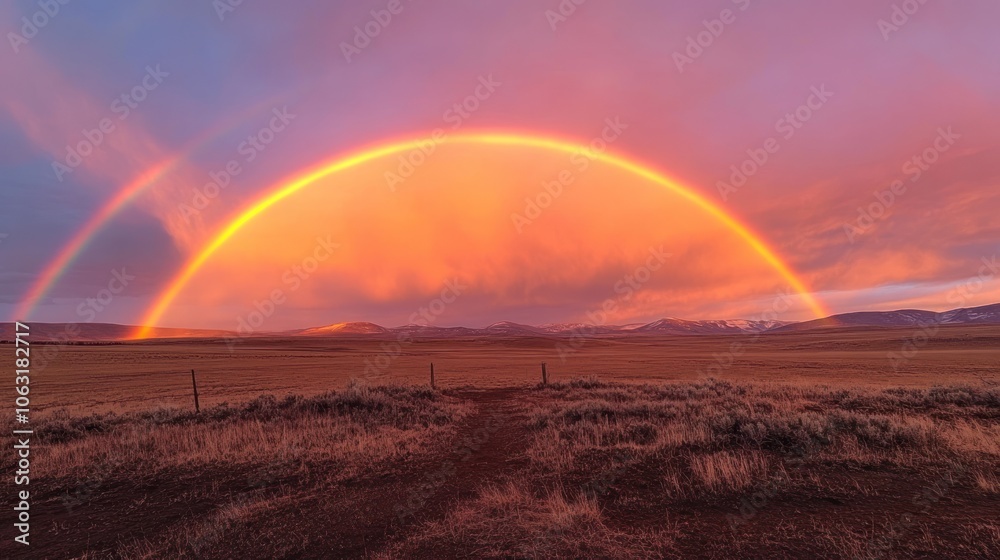A vibrant rainbow glowing against a fiery orange and pink sunset sky over a calm landscape