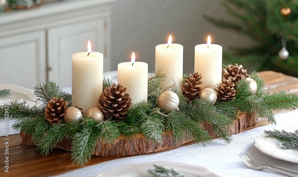 Christmas centerpiece with burning candles and pine boughs. Christmas centerpiece with burning candles and pine boughs.